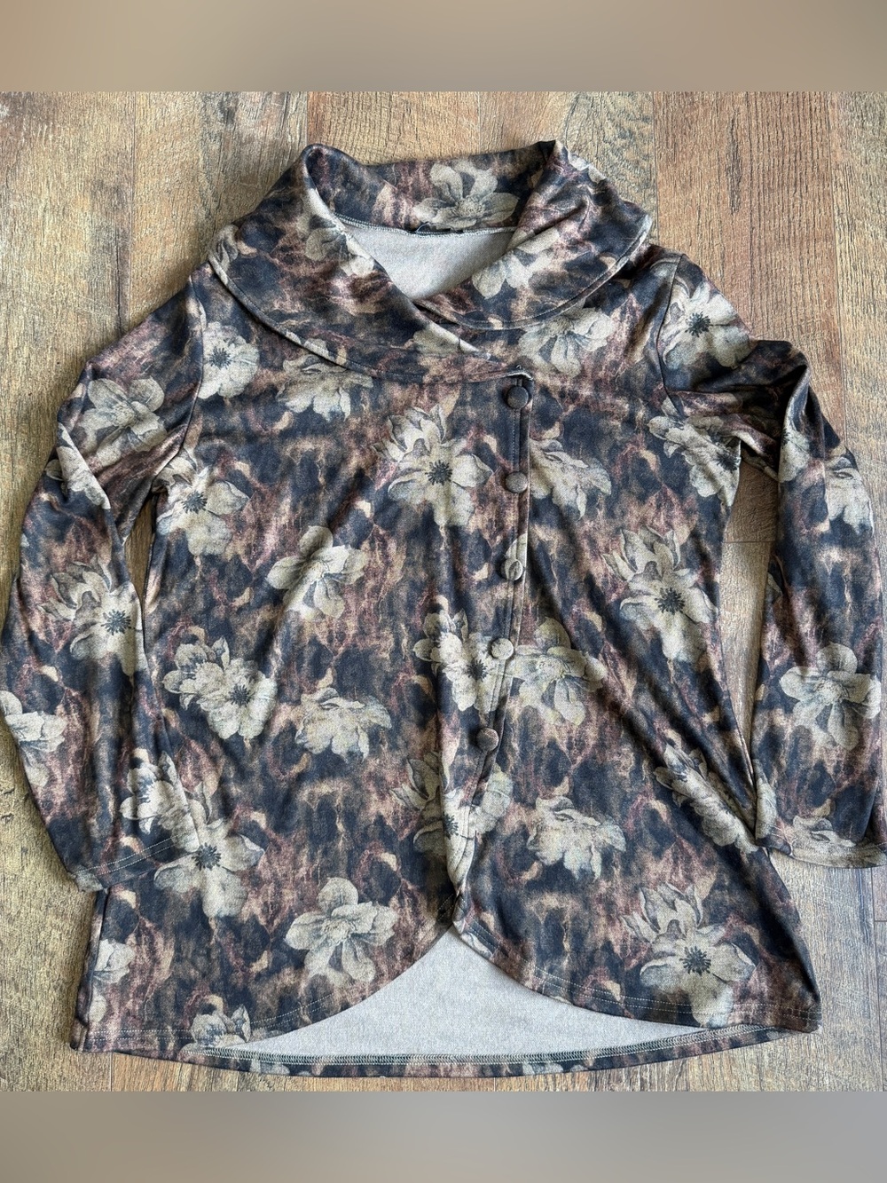 Valoloia Women’s Cowl Neck Long Sleeve Faux Buttons Tunic Dark Floral XL